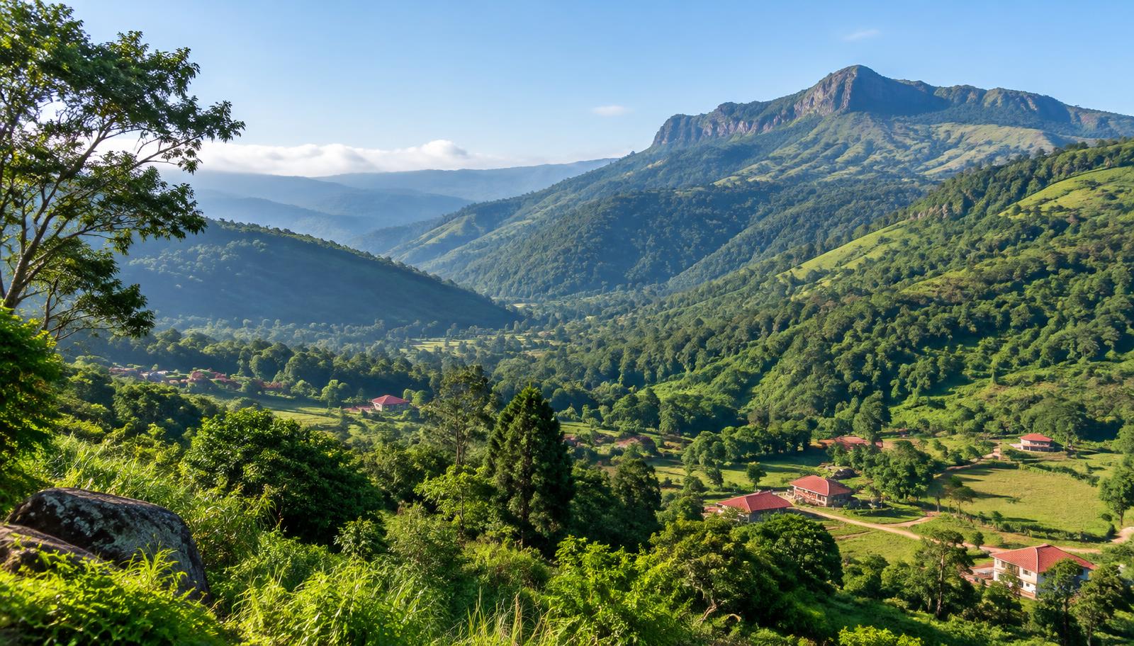 Illustrative green mountain landscape inspired by northern Eswatini